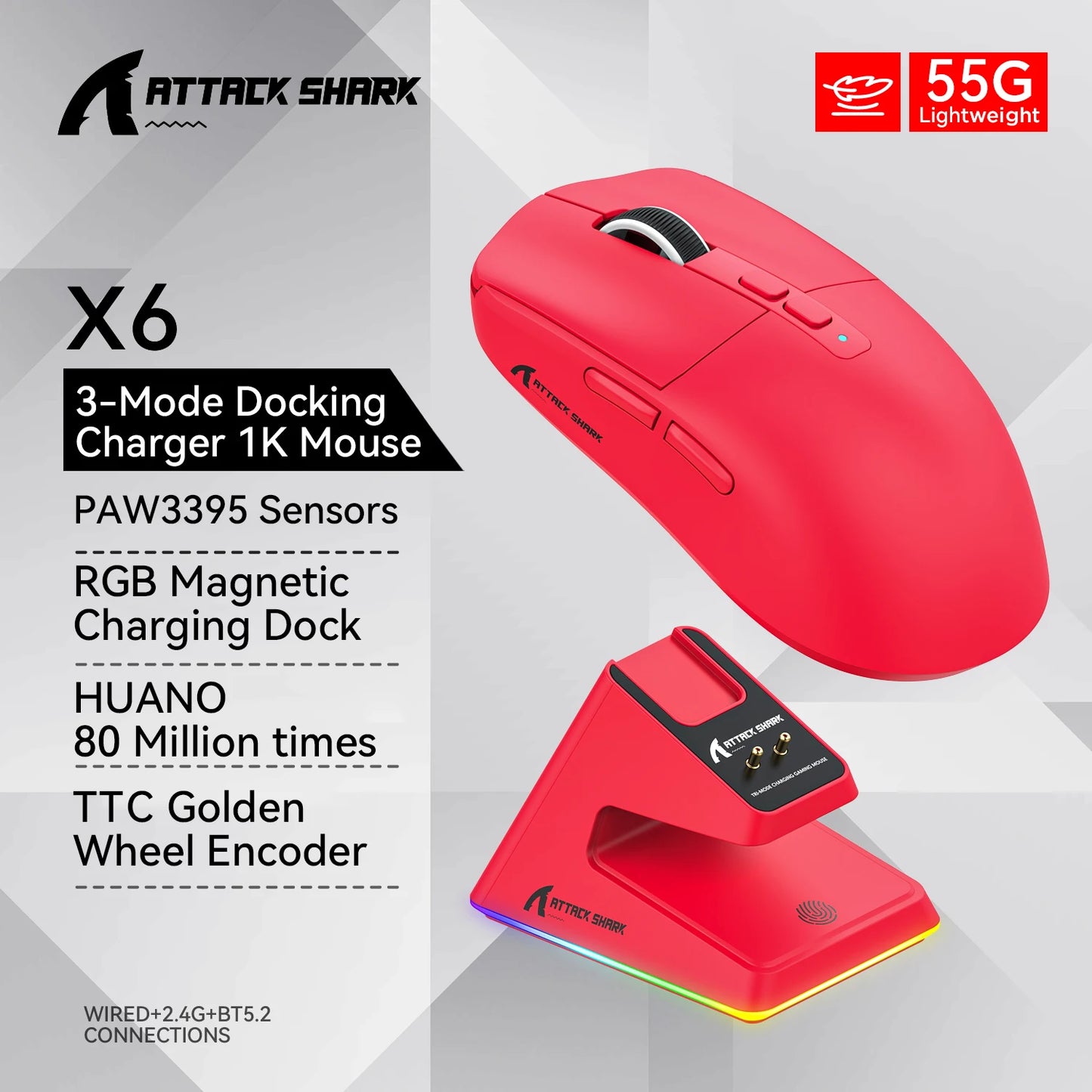X6 PAW3395 Bluetooth Mouse,2.4 Tri-Mode Connection, RGB Touch Magnetic Charging Base, Macro Gaming Mouse