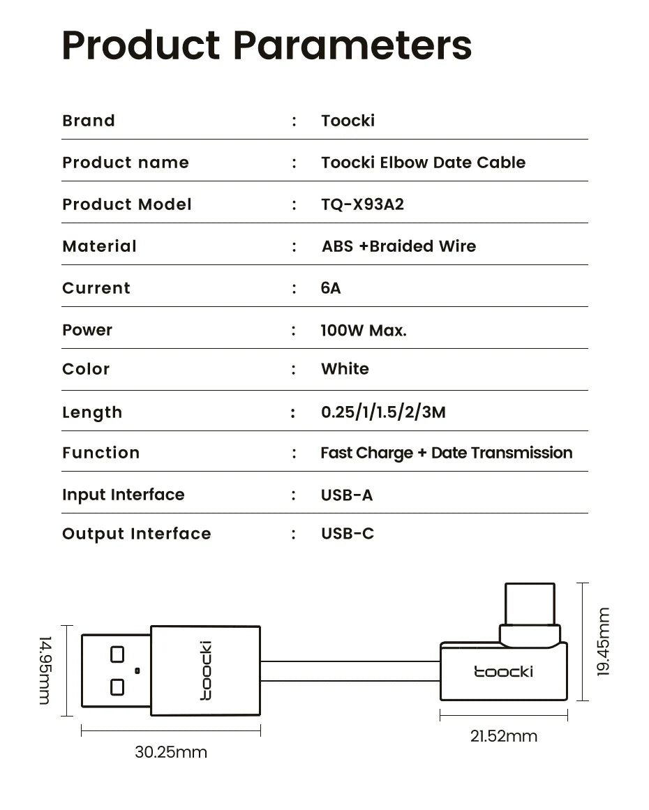 Toocki 100W Elbow 90 Degree USB A to Type C Fast Charging Cable 6A USB C Data Cable For Huawei Samsung Xiaomi Iphone16 15 Tablet