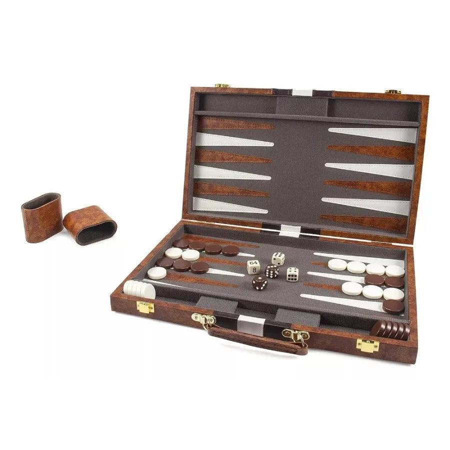 38cm Backgammon Set Classic Folding Board with Leather Case, Portable Travel Game, Ideal Gift Package for Strategy Lovers