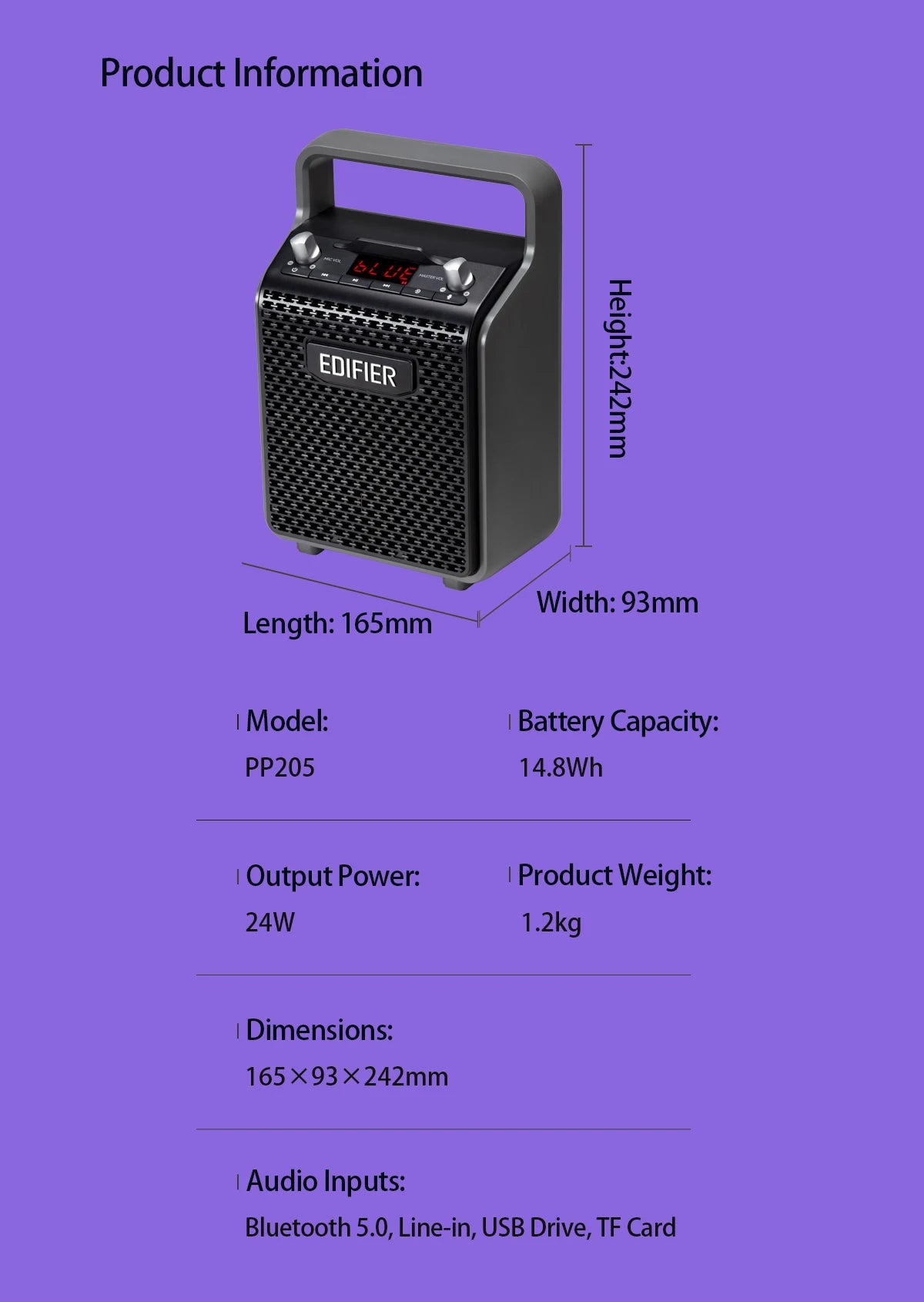 Edifier PP205 Outdoor Portable Bluetooth Speaker Line In USB TF Card Inputs 8 Hours Playback Support Wird Mic Karaoke Speaker