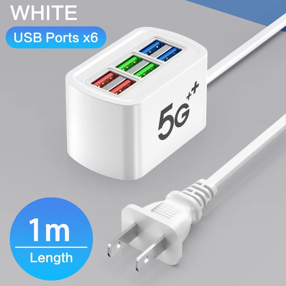 Universal 6 Ports USB Charger Fast Charging Power Strip Adapter Quick Charge Socket For iPhone 15 16 Xiaomi Wall Charger Sockets