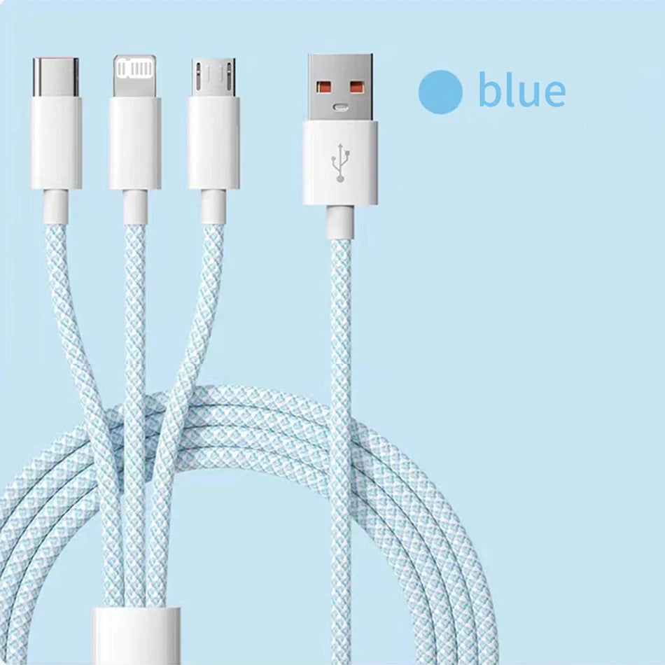 66W 3 In 1 Fast Charging Cable 6A Micro USB Type C Data Cable For Xiaomi Super Fast Charger Nylon Braid Cable 1.2M/2M/3M