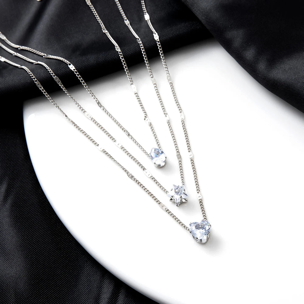 1Pc Multi-layered Dainty Light Luxury Water Drop Love Heart Star Set Chain Pendant Metal Collarbone Necklace Gift For Girl Women
