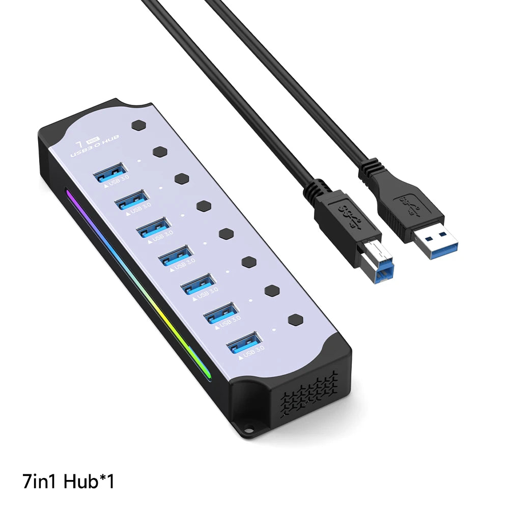 10 in 1 Powered USB HUB USB 3.0 Interface Individual Switch RGB E-Marker Heat Dissipation Design DC 5V Power Supply Adapter