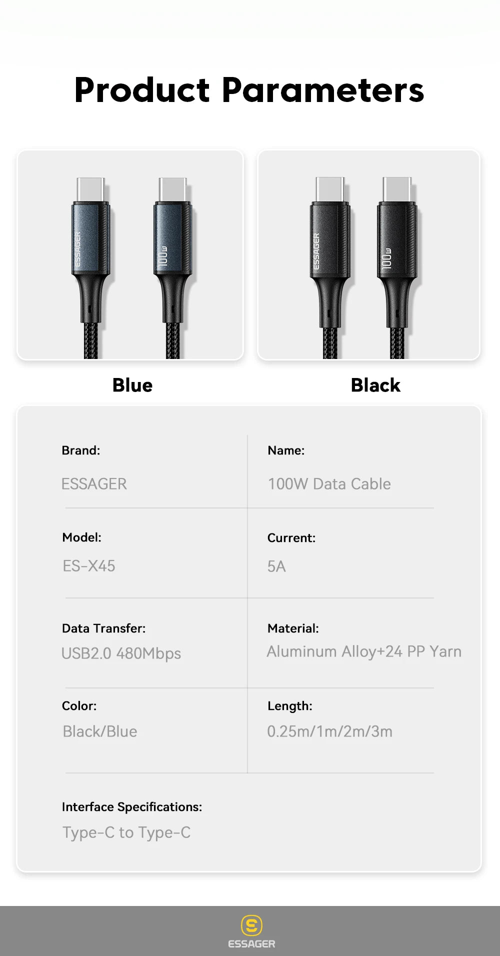 Essager PD 100W Type C to C Cable USB Type-C 5A Fast Charging Mobile Phone Cable For MacBook iPad Oneplus Xiaomi iPhone 16 Cable
