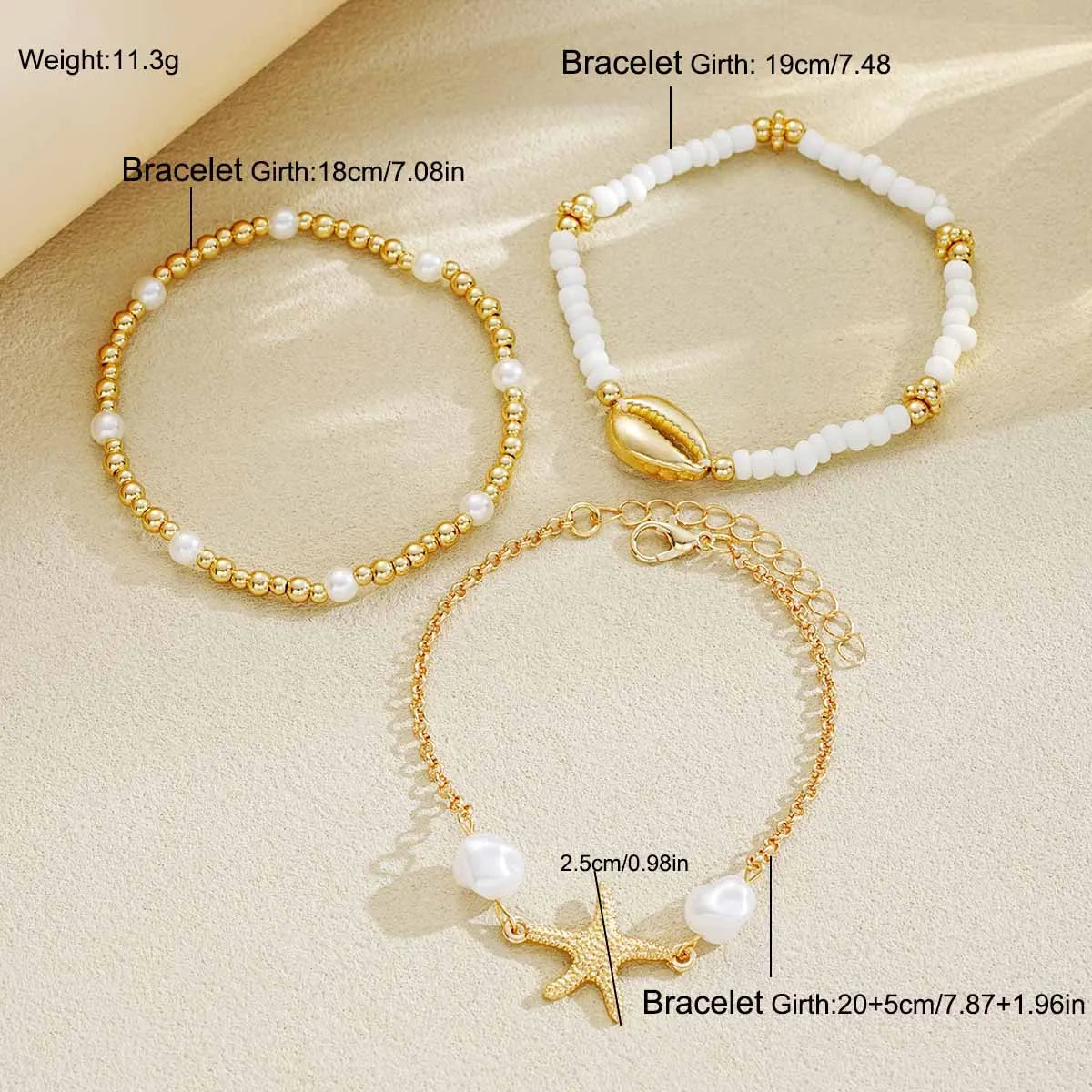 3Pcs/Set Seaside Bohemian Starfish Shells Anklet Set for Women Gold White Color Rice Beads Foot Chain Summer Beach Jewelry Gifts
