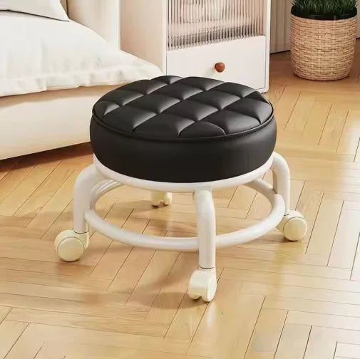 PU Leather Rolling Stool with Wheels - Portable Round Moisture-Proof Ottoman, Thickened Seat Cushion, Low Profile Stool for Vani
