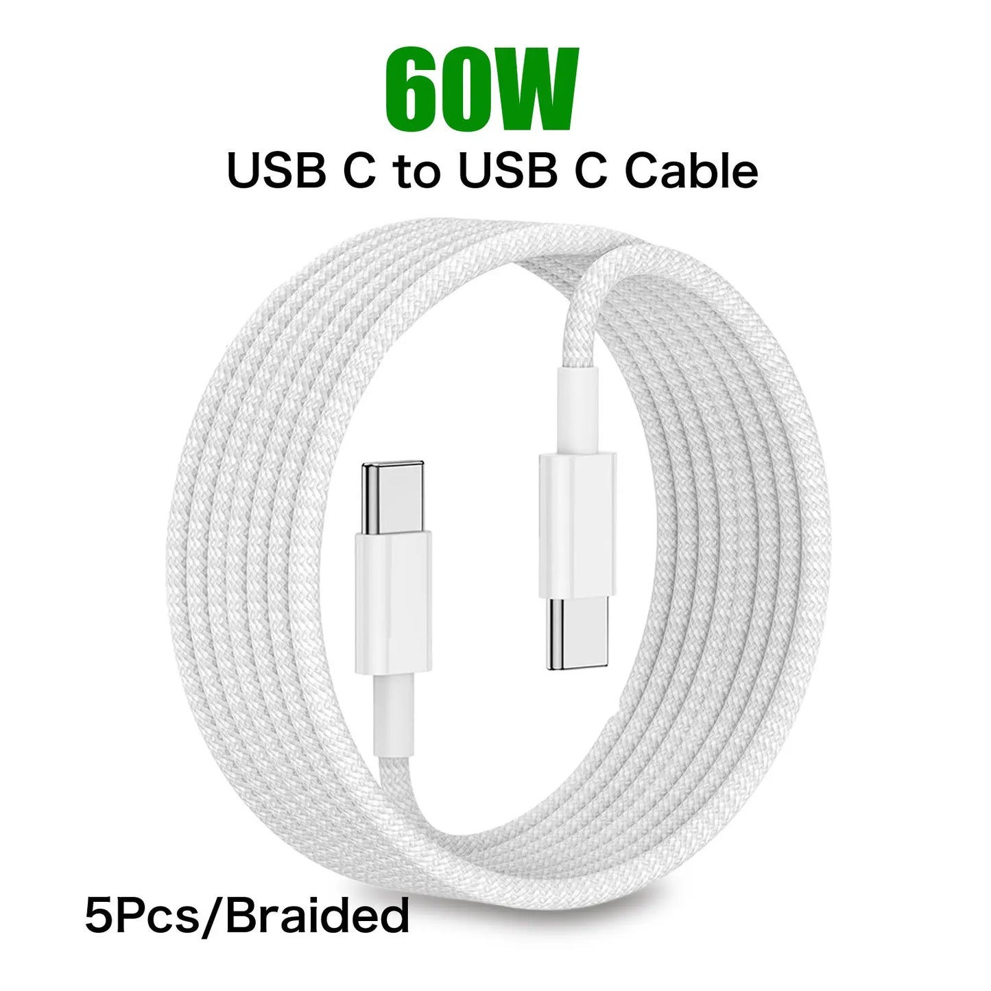 5-2 PCS 60W USB C to USB C Cable for iPhone 16 15 pro Samsung Xiaomi iPad AirPods Macbook Type C To Type C Braided Charger Cable