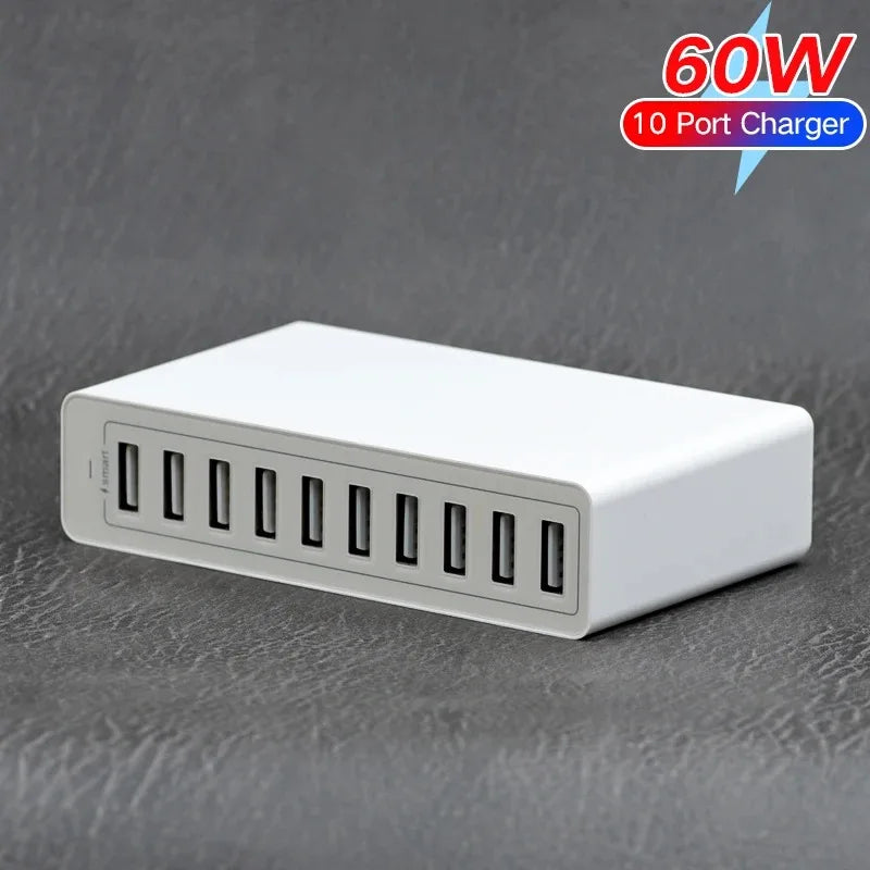 60W 10Port USB Charger for iPhone iPad Kindle Samsung Xiaomi Charging Station Dock Multi USB Charger Desktop Mobile Phone Charge