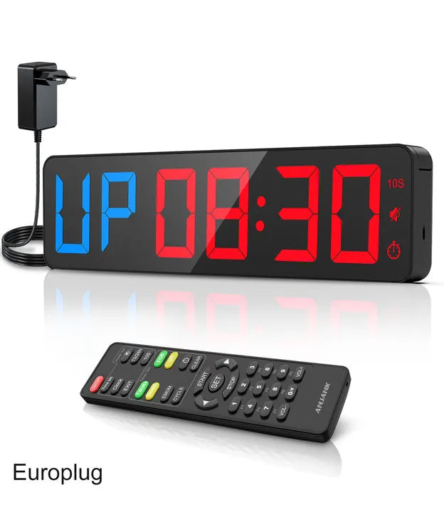 Gym Timer 15" Large LED Display Wall Clock,Interval Workout,Count Down & Up,Stopwatch, Adjustable Volume,Upgraded Remote
