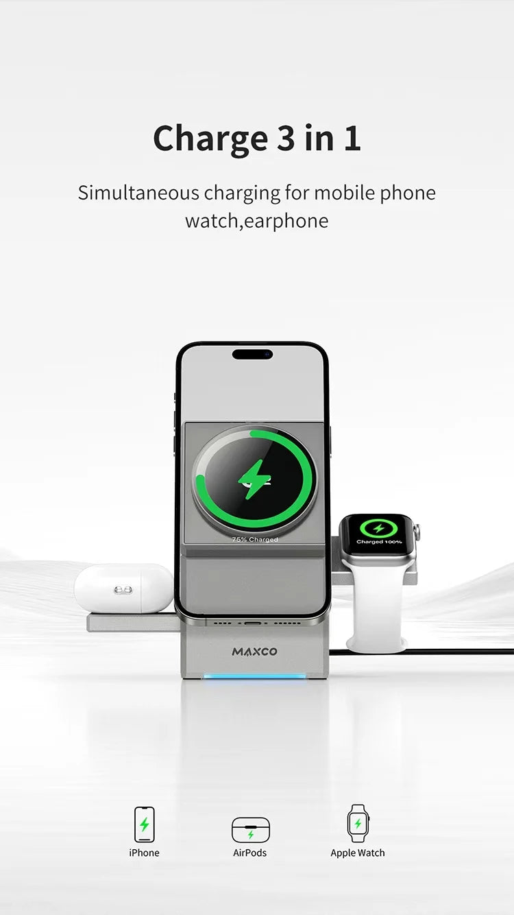 QI2 3 in 1 Wireless Charger Stand Magnetic Qi2 15W Fast Charging for iPhone 12 13 14 15 16 Apple Watch 9 8 7 6 5 Airpods 2 3 Pro