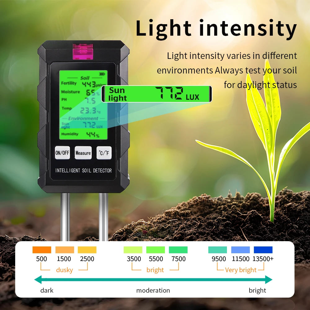 6 in 1 Soil PH Meter Sunlight Ambient Humidity Temp Soil Moisture Tester Nutrient Fertility Detector Garden Soli Analyzer