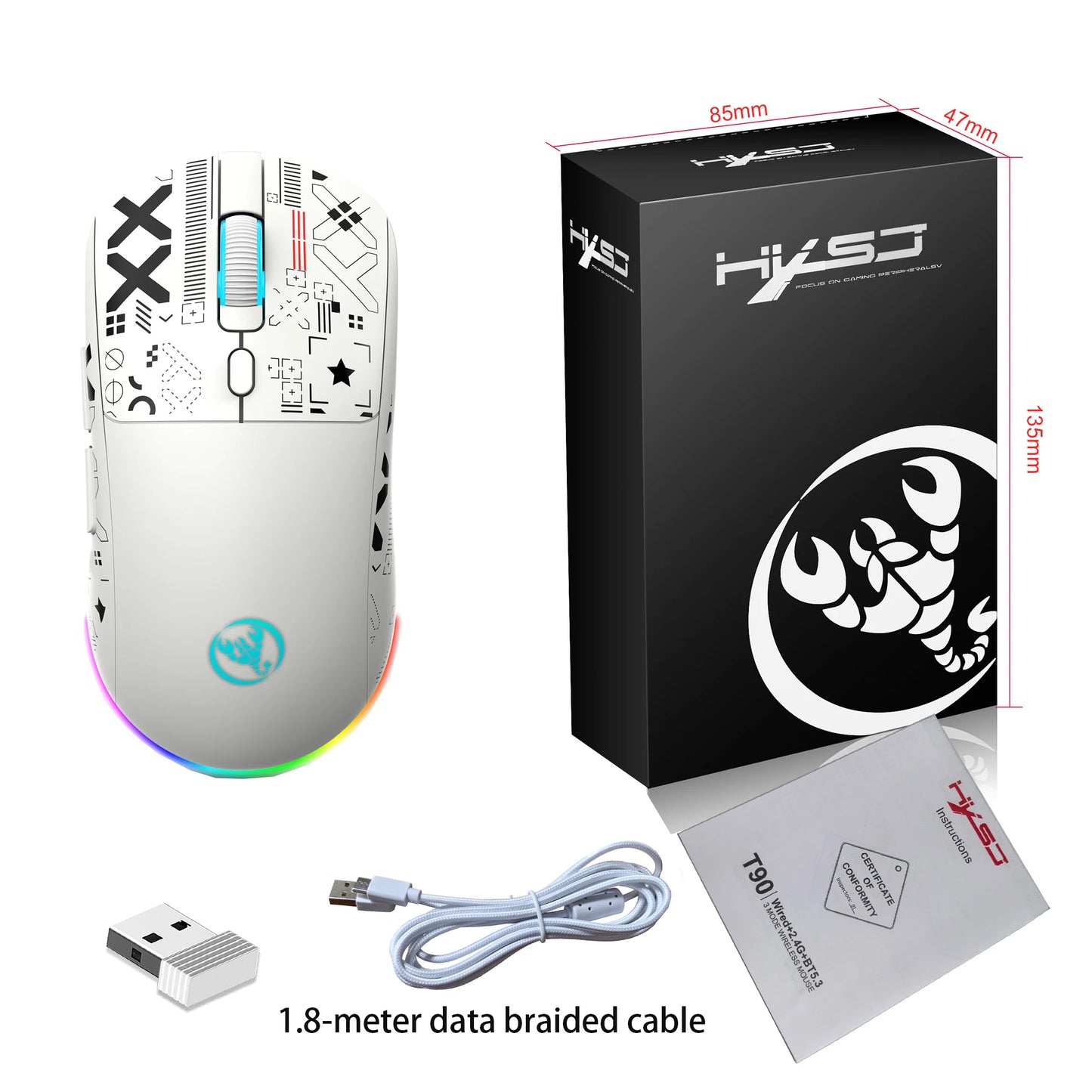 T90 Wireless Bluetooth Mouse RGB (BT1/BT2+ USB) 2.4GHz Rechargeable Silent Bluetooth Wireless Mouse with Type C Adapter