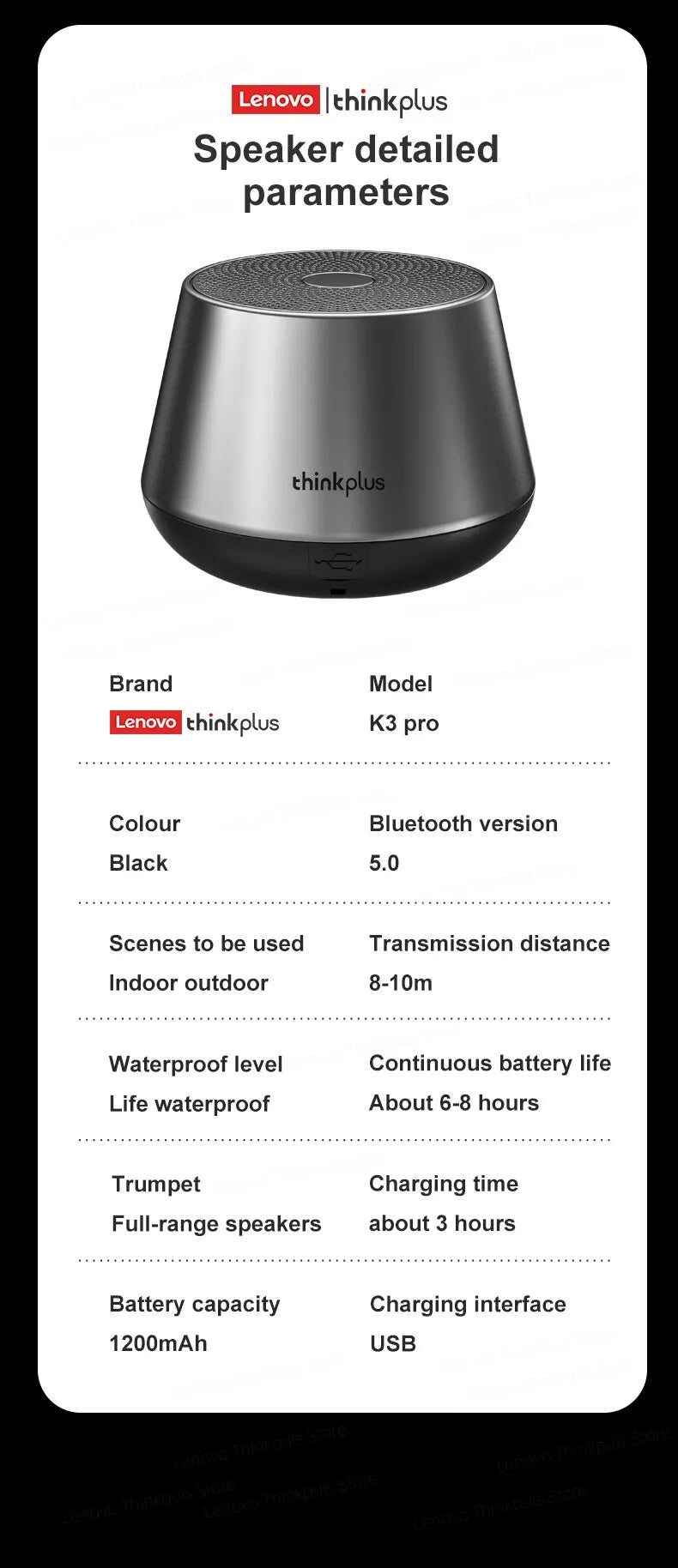 Original Lenovo K3 Pro Bluetooth V5.0 Speaker Big Audio With Deep Bass Sound Outdoor Soundbox Music Portable Camping Loudspeaker