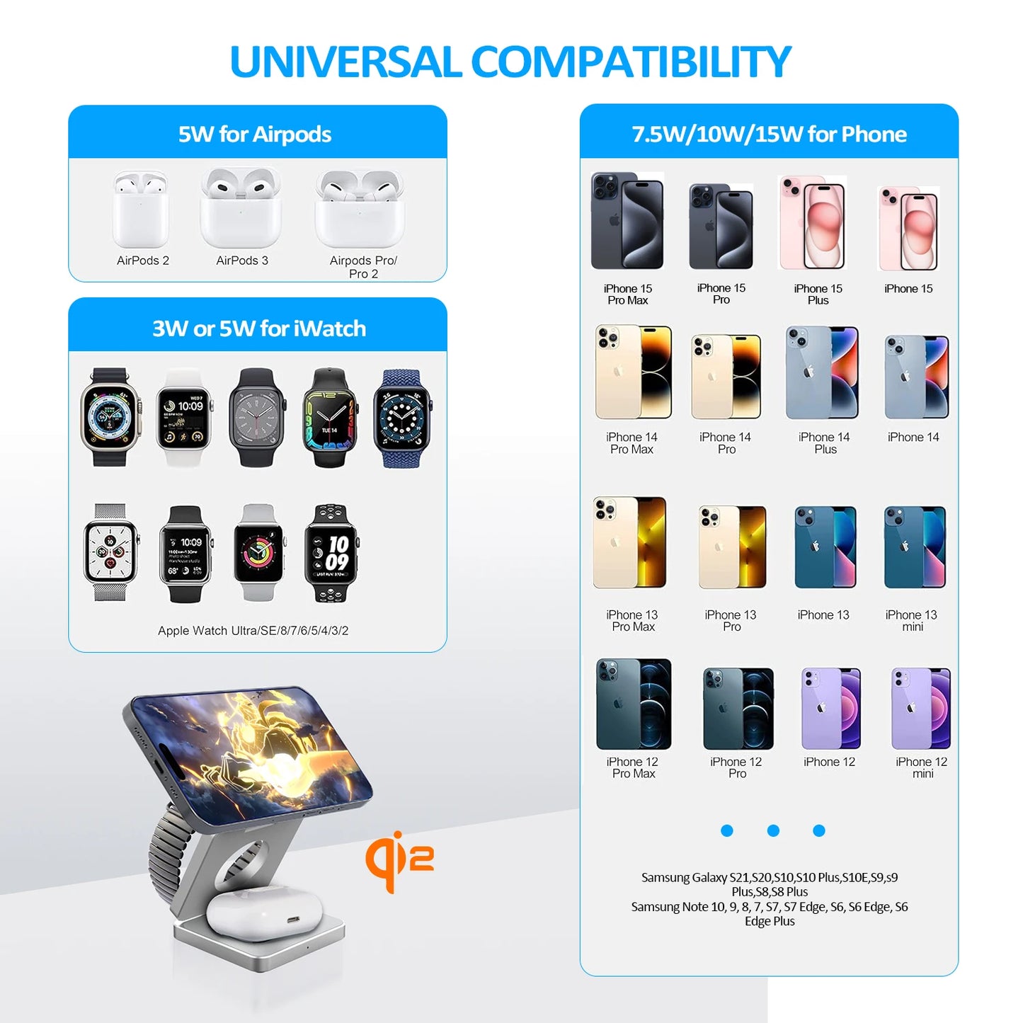 Qi2/Qi1 3 in 1 15W Magnetic Wireless Charger for Iphone 17 16 15 Fast Charging Folding for Apple Watch Airpods Wireless Charger