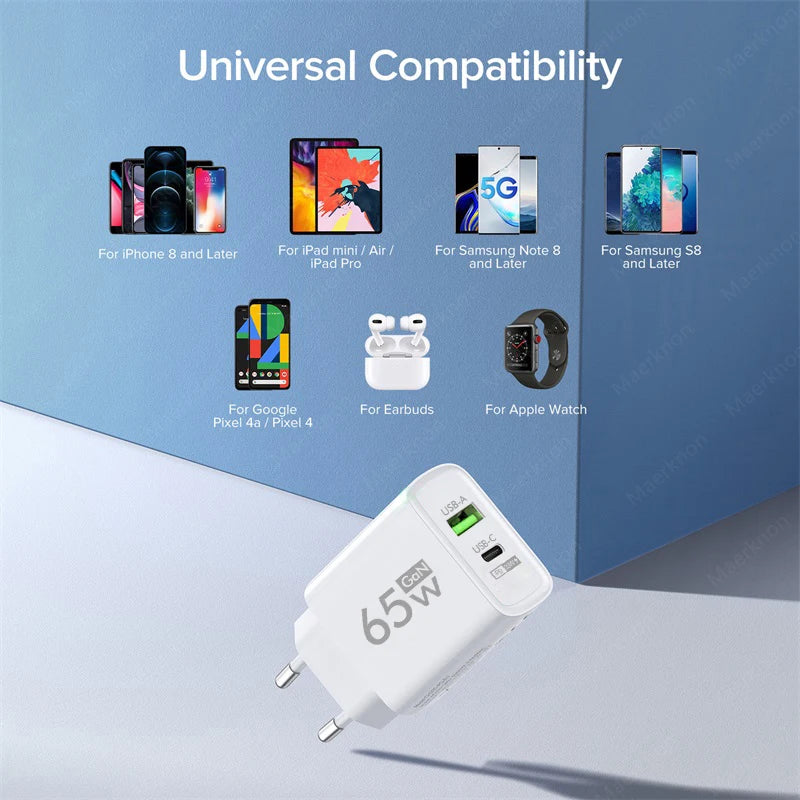 65W GaN USB Charger Type C Fast Charging Mobile Phone Charger Adapter For iPhone Xiaomi Samsung Huawei EU/US Plug Wall Charger
