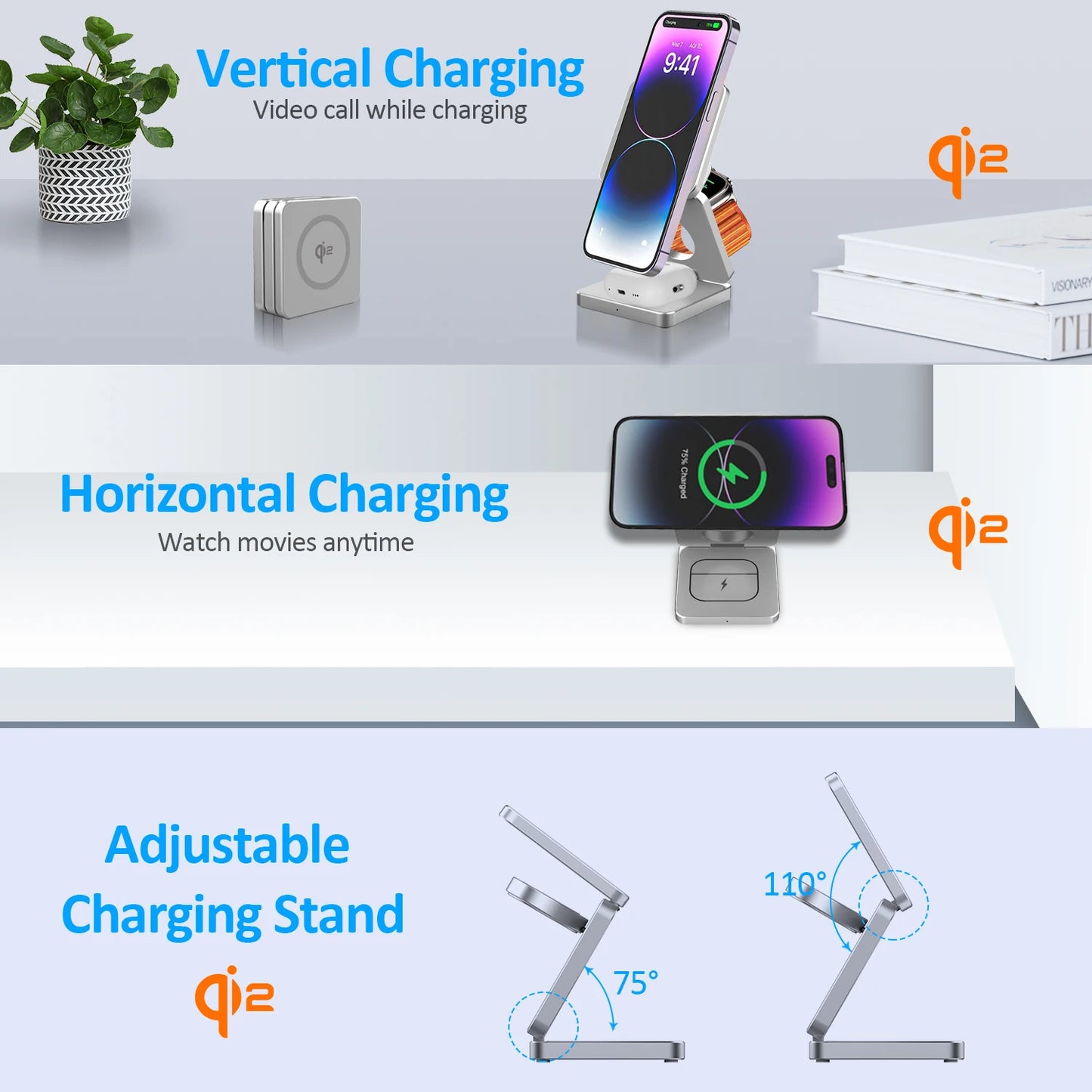 Qi2/Qi1 3 in 1 15W Magnetic Wireless Charger for Iphone 17 16 15 Fast Charging Folding for Apple Watch Airpods Wireless Charger