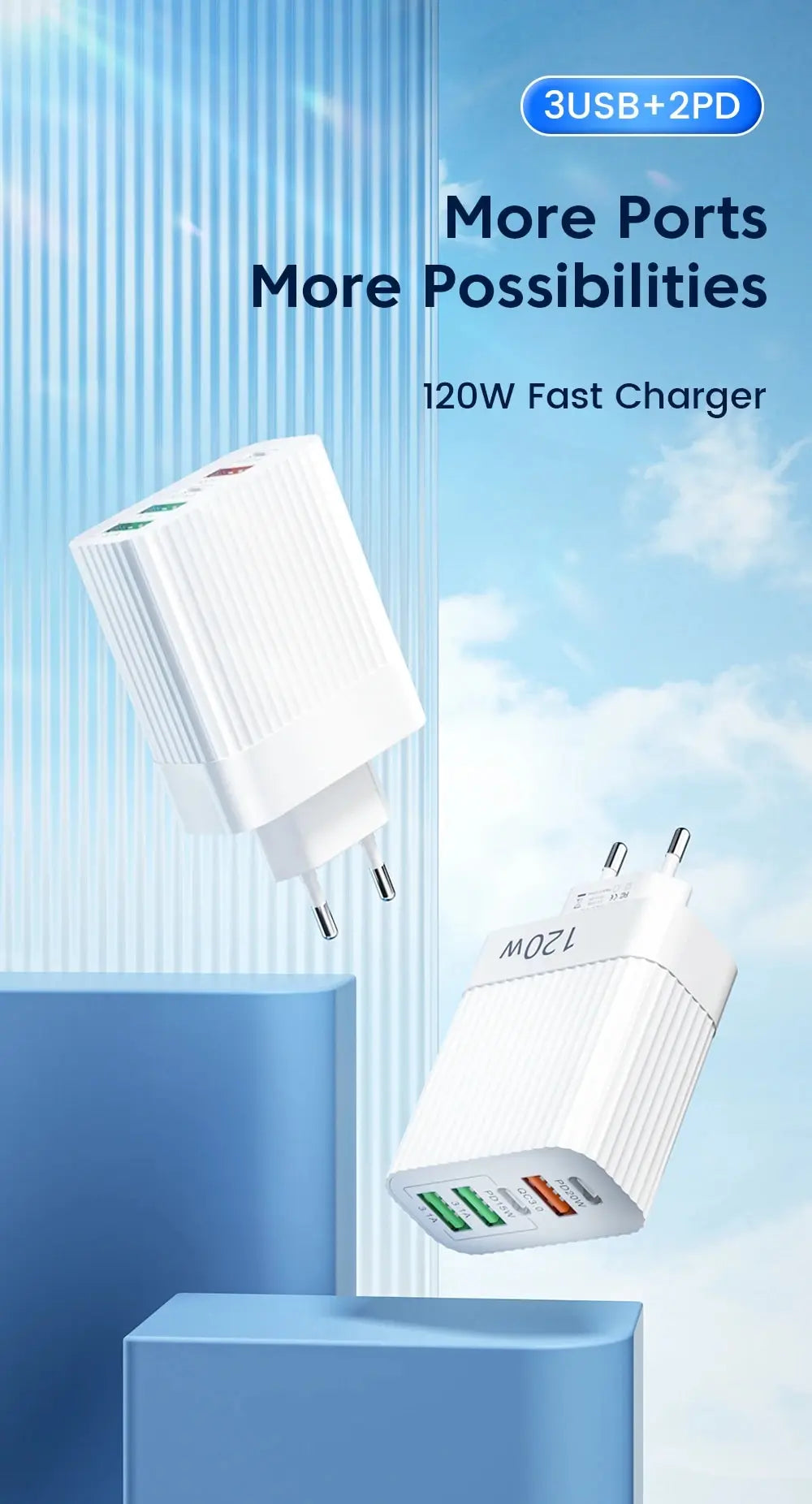 Total 120W USB Charger Quick Charge Multi Ports Fast Charging Phone Charger For iPhone Samsung Xiaomi Huawei Type C Wall Charger
