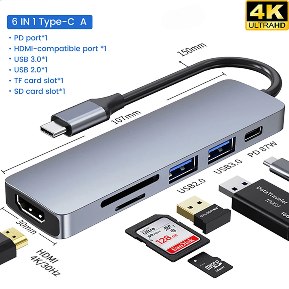 USB 3.0 Type-C Hub to 4K HDMI Adapter Thunderbolt 3 RJ45 USB C Hub VGA TF SD Reader Slot for MacBook Pro M3 M2 Air 13 2022 2021