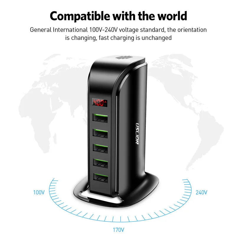 USLION 5 Port USB Charger HUB LED Display Multi USB Charging Station Dock Universal Mobile Phone Desktop Wall Home EU UK US Plug