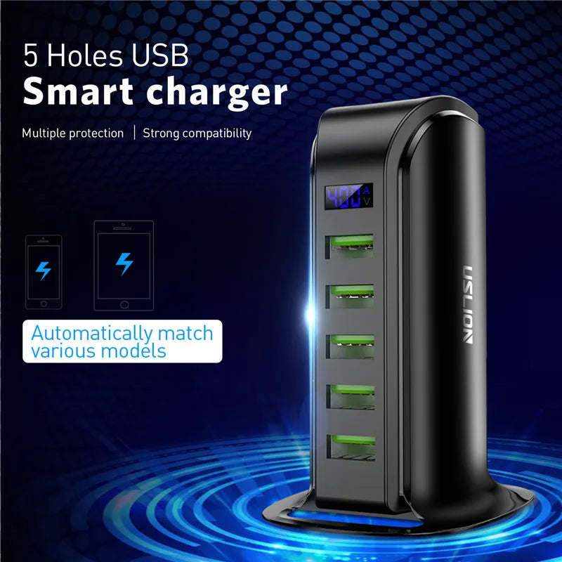 USLION 5 Port USB Charger HUB LED Display Multi USB Charging Station Dock Universal Mobile Phone Desktop Wall Home EU UK US Plug