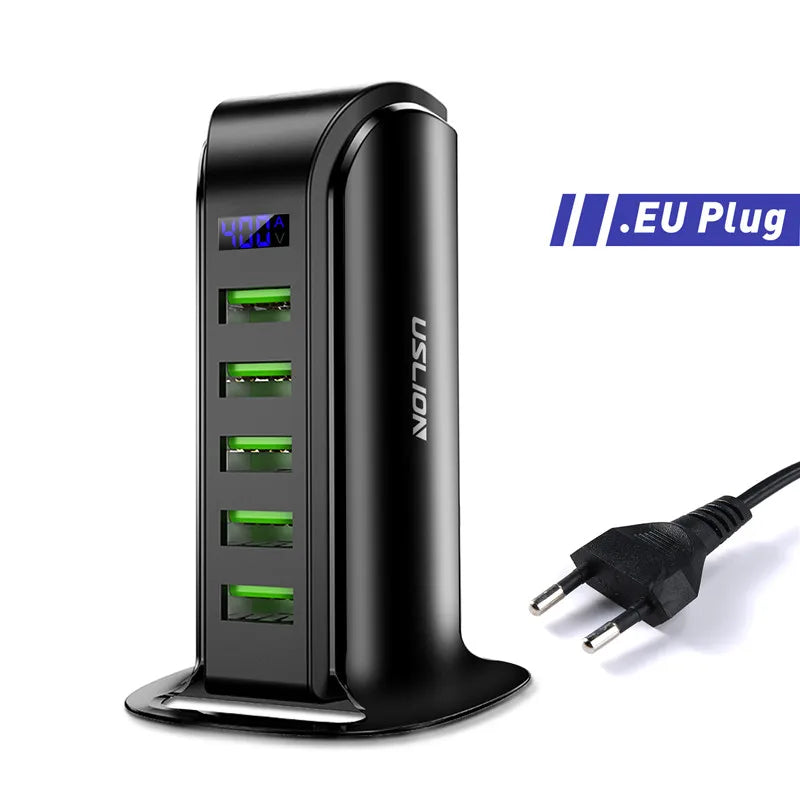 USLION 5 Port USB Charger HUB LED Display Multi USB Charging Station Dock Universal Mobile Phone Desktop Wall Home EU UK US Plug