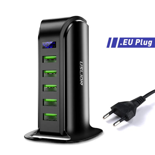 USLION 5 Port USB Charger HUB LED Display Multi USB Charging Station Dock Universal Mobile Phone Desktop Wall Home EU UK US Plug