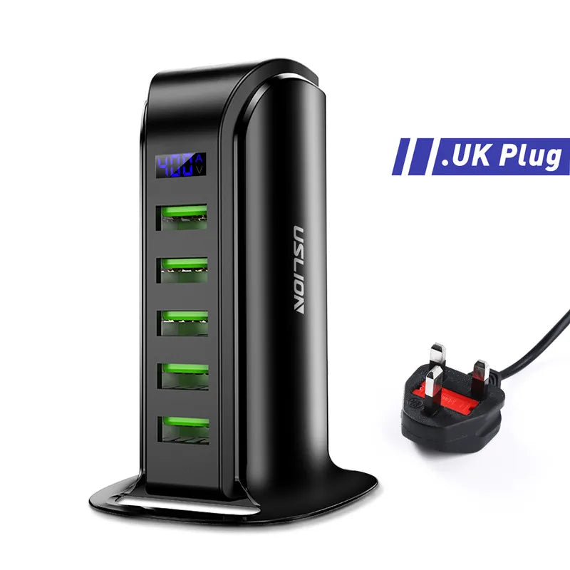 USLION 5 Port USB Charger HUB LED Display Multi USB Charging Station Dock Universal Mobile Phone Desktop Wall Home EU UK US Plug