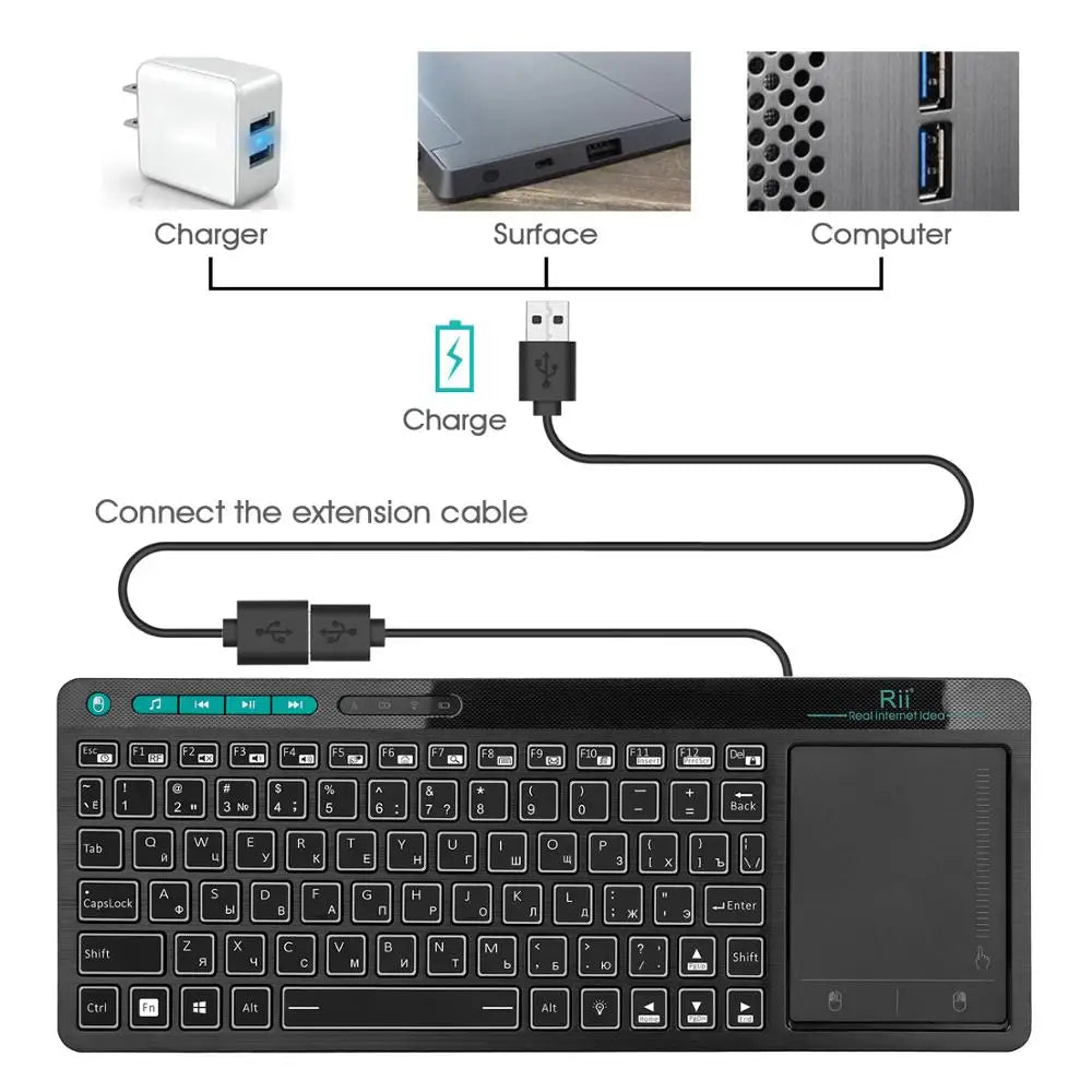 Rii K18+ Wireless Keyboard US/FR/HE Mini Keyboard With Touchscreen 3-LED Color Backlit For For Android TV BOX  Smart TV PC