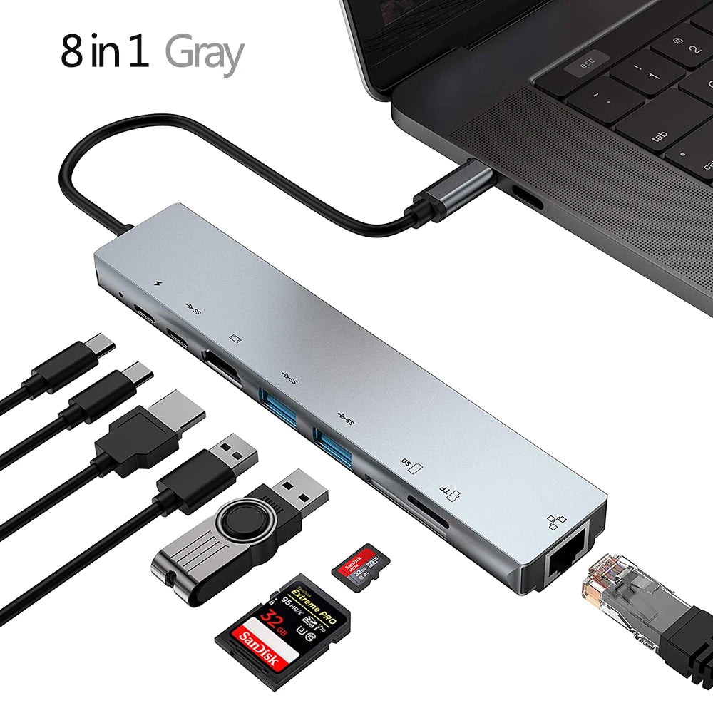 USB 3.0 Type-C Hub to 4K HDMI Adapter Thunderbolt 3 RJ45 USB C Hub VGA TF SD Reader Slot for MacBook Pro M3 M2 Air 13 2022 2021