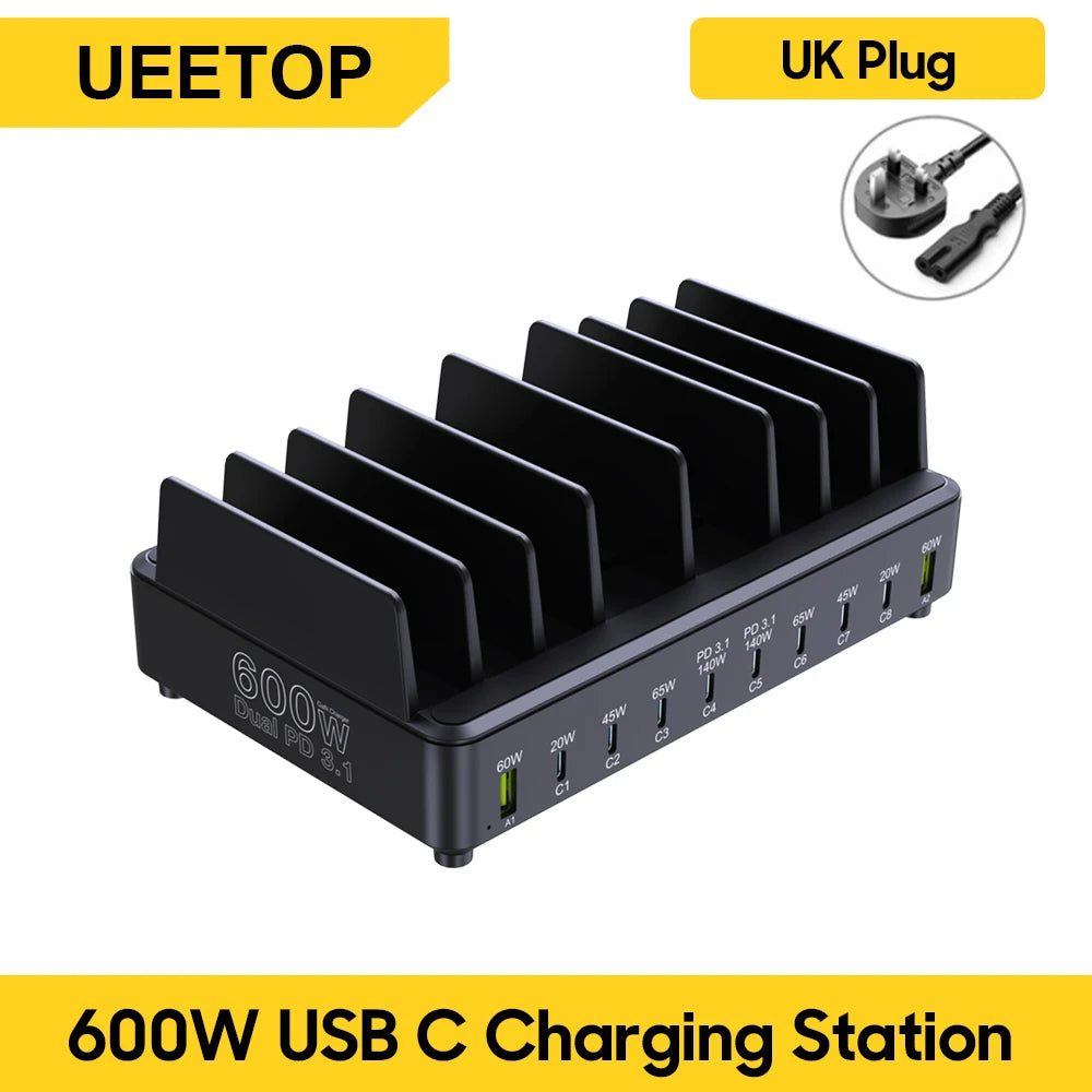 Ueetop 600W Multi USB Fast Charger 10-Port GaN PD 3.1 Charging Station Stand for MacBook iPhone 16 15 iPad Samsung Tablet Laptop