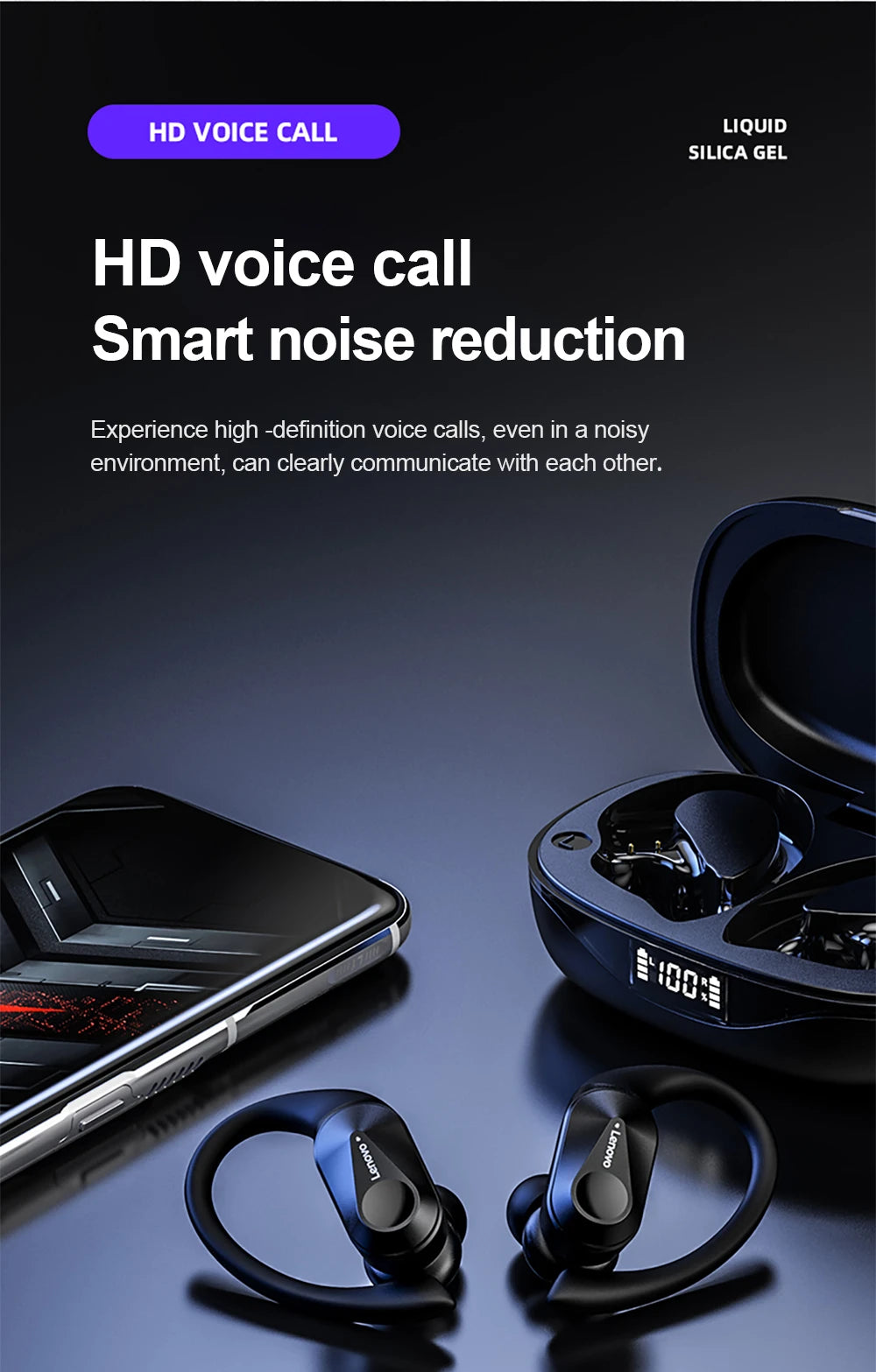 Lenovo LP75 Sports Wireless Earphones with Mics,Button Control, LED Power Display,Hifi Stereo Sound Bluetooth 5.3 TWS Headphones