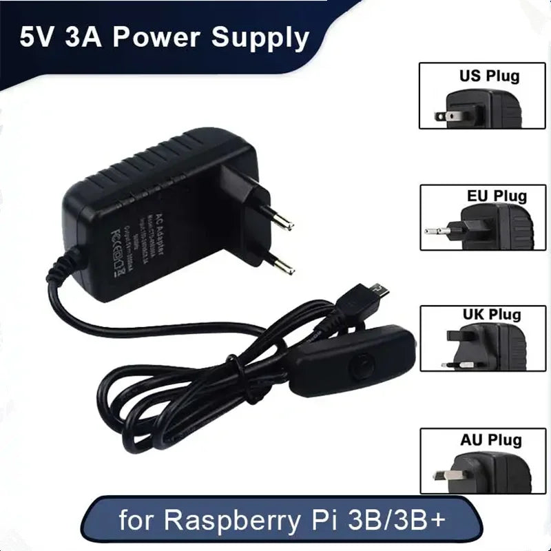 5V 3A Raspberry Pi 3B+ 3B Power Supply with Switch Button Power Adapter Micro USB Port for Pi Zero 2 W Orange Pi Zero 3 LTS