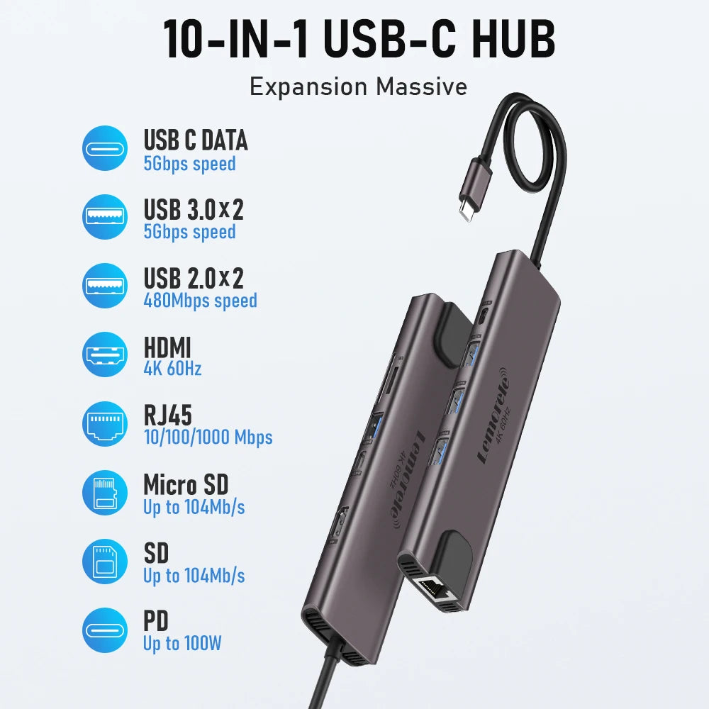 Lemorele 10 in 1 USB C HUB Docking Station Type C Adapter 4K@60Hz HDMI 100W PD RJ45 1000Mbps Ethernet SD/TF Slot for Mac Laptop
