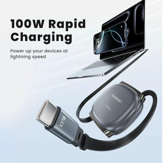 Toocki 100W Type C Retractable Cable For iphone 16 15 Pro Max Samsung Fast Chaerger Cable Mini Size 480Mdps Data Cable