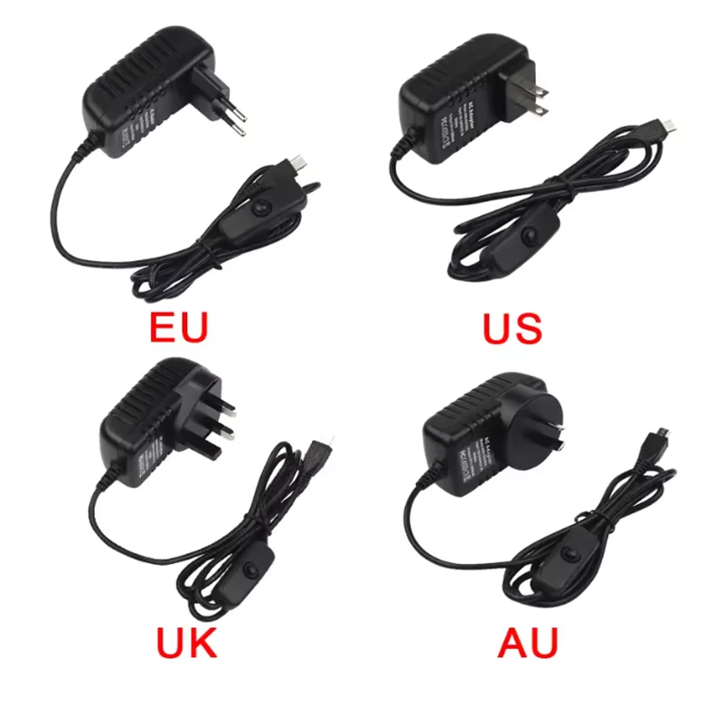 5V 3A Raspberry Pi 3B+ 3B Power Supply with Switch Button Power Adapter Micro USB Port for Pi Zero 2 W Orange Pi Zero 3 LTS