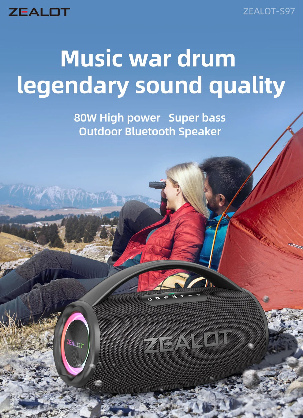 ZEALOT-S97 80W Bluetooth Speaker Powerful Wireless Speaker with Portable Handle, for Party, Camping,RGB Colorful Light