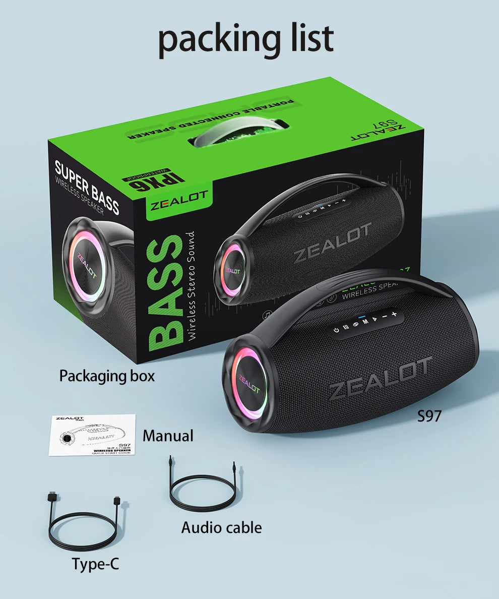 ZEALOT S97 80W Wireless speaker, Outdoor Portable Subwoofer Speaker, Hifi Sound quality,Dual Pairing, Fast Charging,16000mAh.