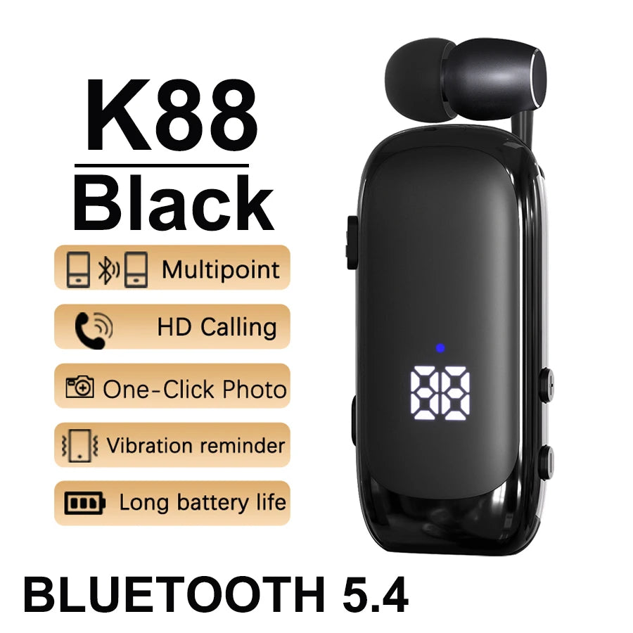 New K88 Lavalier Business Headset Bluetooth 5.4 Bass Earphone Call Vibration Reminder+Voice Number Reporting Wireless Headphone