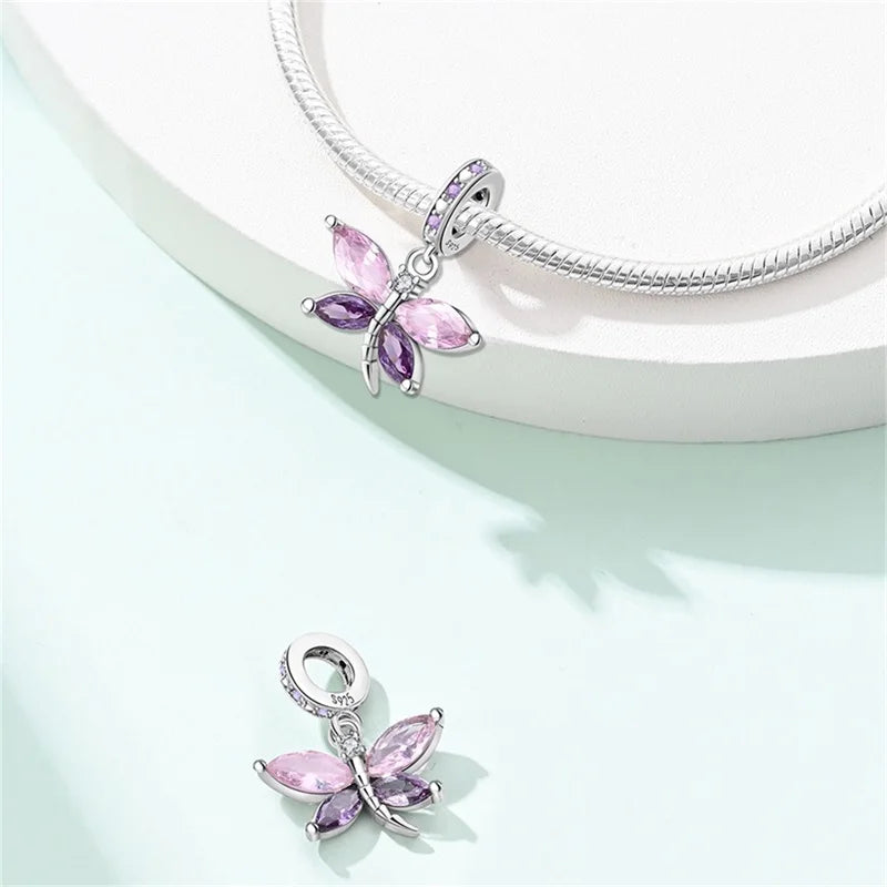 100% 925 Sterling Silver Exquisite Colored Dragonfly Charms Pendants Sparkling Zircon Fit Qikaola Original Bracelets DIY Jewelry