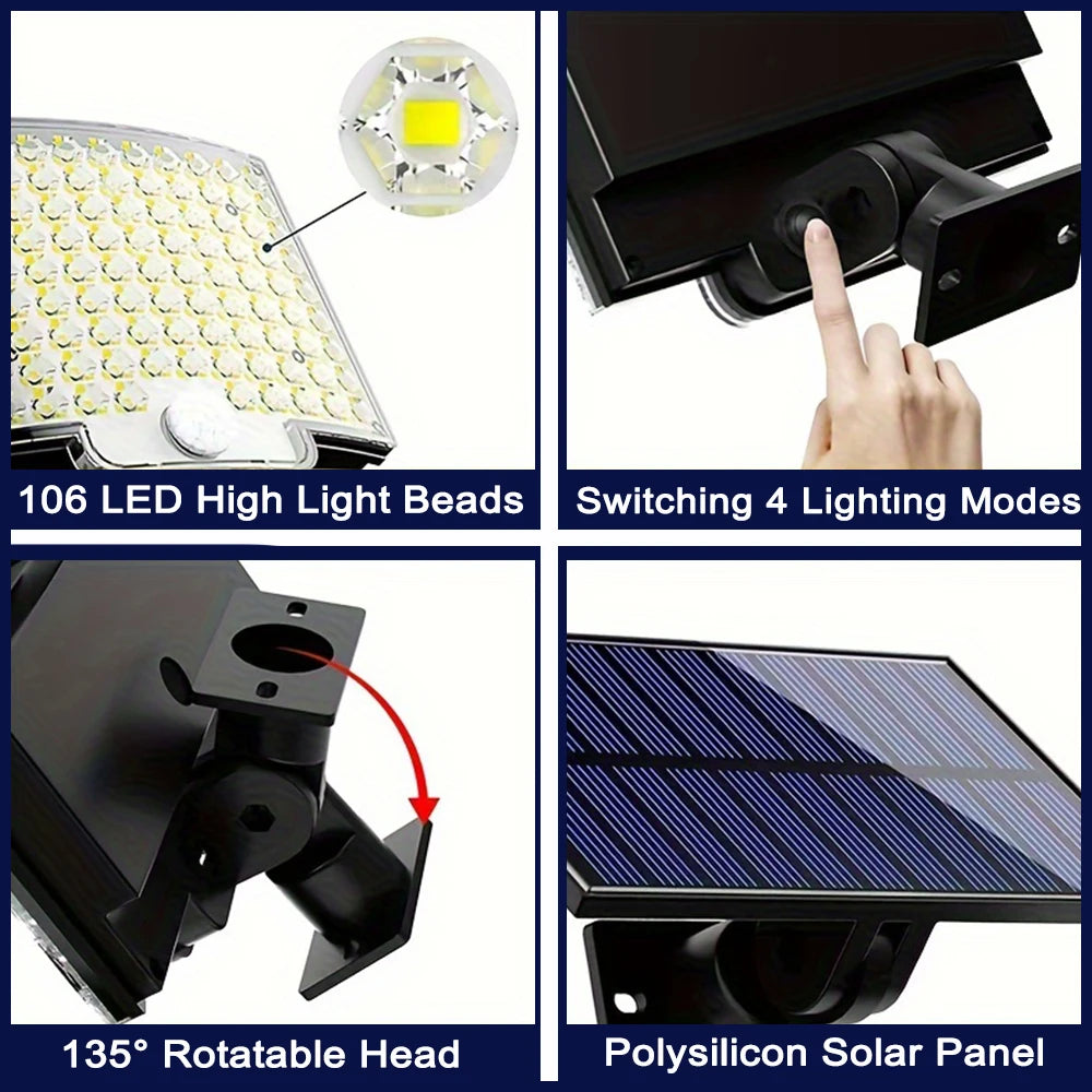 Solar Light Outdoor Waterproof 106 LEDS with Motion Sensor Floodlight Remote Control 3 Modes for Patio Garage Garden Decoration