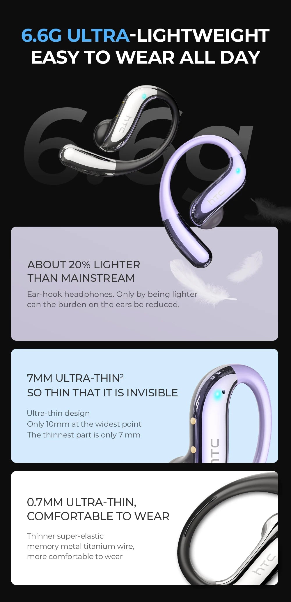 HTC NE23 Earphones Bluetooth V6.0 Open-Ear Wireless Headphones AI Translator Earbuds HD Call Sleek Thin lightweight Earhook