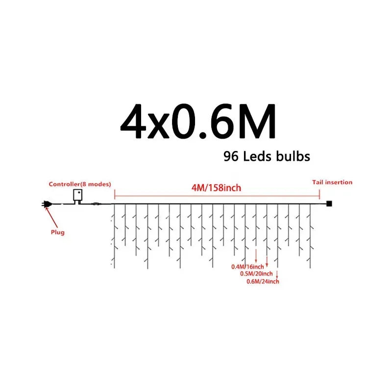 4Mx0.6M Curtain LED Icicle String Lights EU Plug Christmas Garland Droop Light Wedding Garden Street Outdoor Decorative Lighting