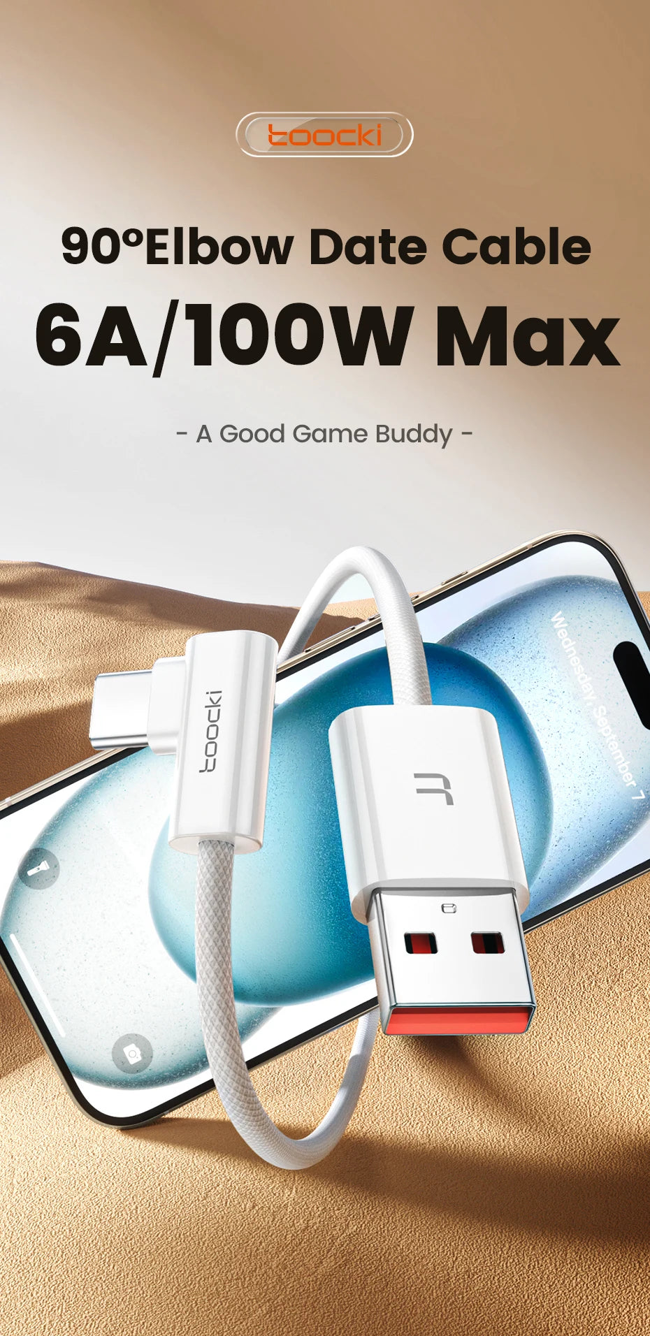Toocki 100W Elbow 90 Degree USB A to Type C Fast Charging Cable 6A USB C Data Cable For Huawei Samsung Xiaomi Iphone16 15 Tablet