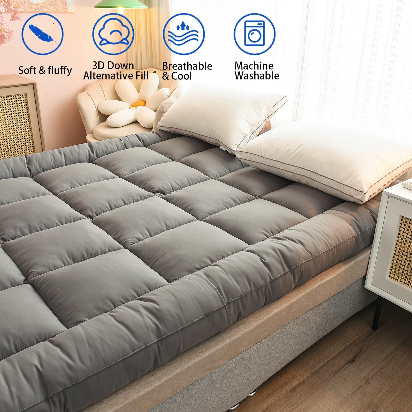 Queen Mattress Topper for Body Pain Relief, 1000 GSM Extra Thick Mattress Pad Cover with Elastic Pocket, 7D fiber Bed Topper