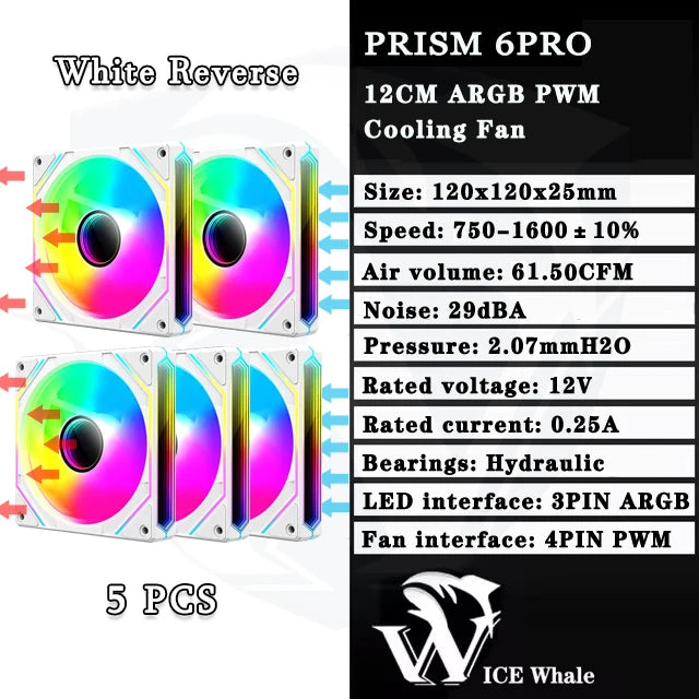 ICE Whale Prism 6PRO PC Case Fan 12cm 3-sided Infinite Mirror 5V 3PIN ARGB Motherboard Lighting Sync 4PIN PWM Silent Cooling Fan