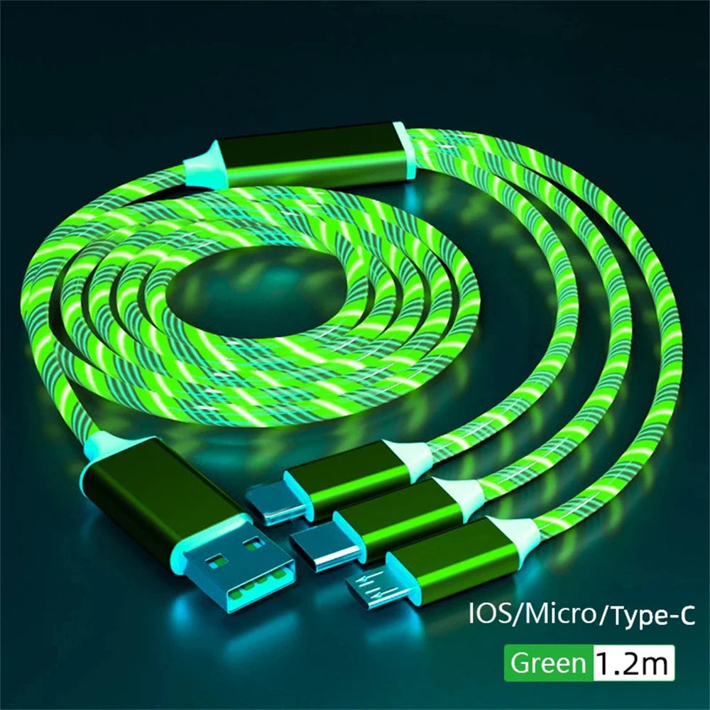 NNBILI 3 IN 1 Glowing LED Light party Phone Charger Luminous USB Type C Cable For Xiaomi iPhone 14 Samsung S24 Phone Accessories