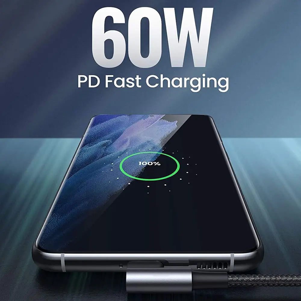 60W PD Fast Charging Line USB C to USB Type C Cable Right Angle Wire 90 Degree Data Cable For Laptop Mobile Phone