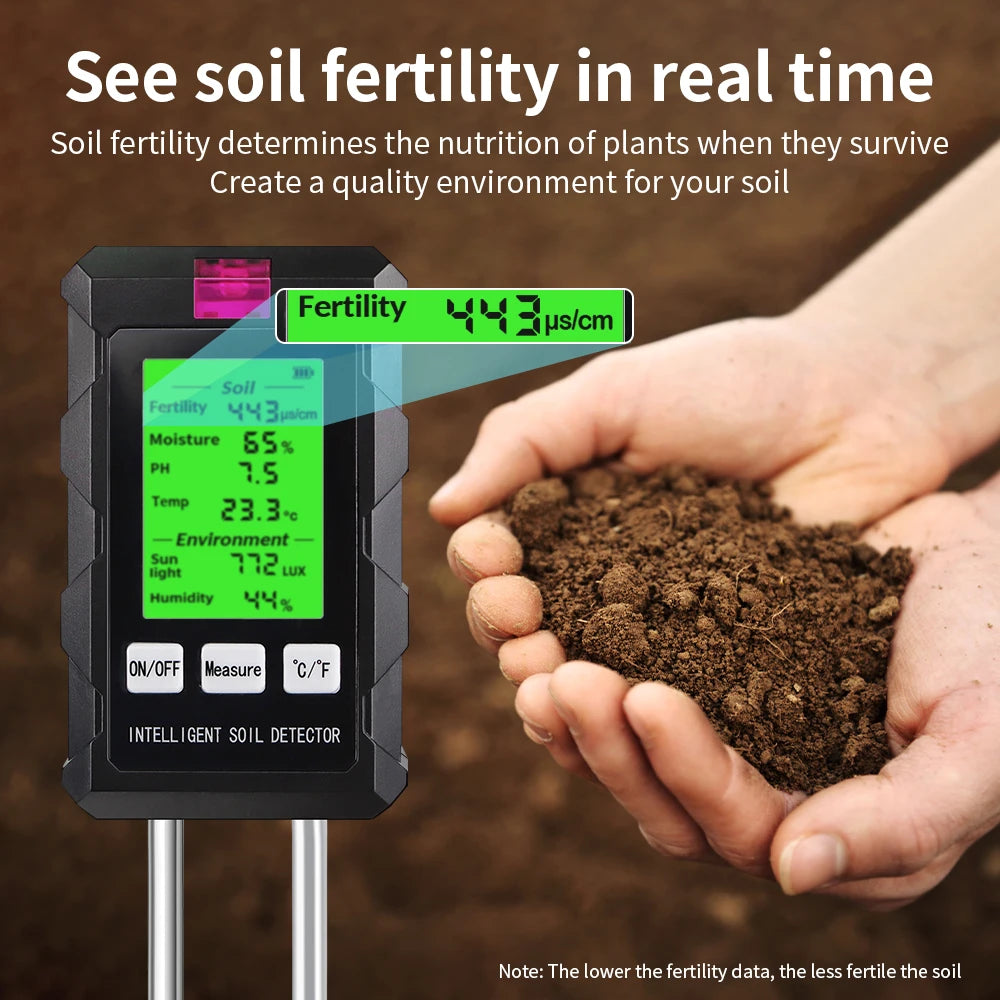 6 in 1 Soil PH Meter Sunlight Ambient Humidity Temp Soil Moisture Tester Nutrient Fertility Detector Garden Soli Analyzer