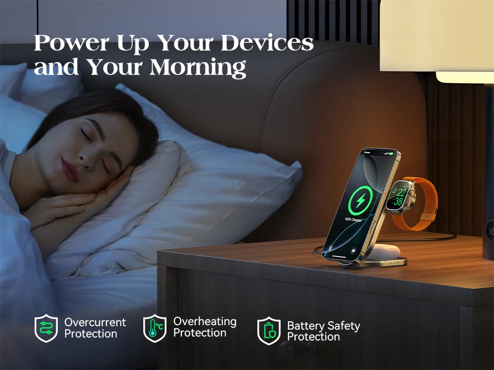 Joyroom Qi2 3 in 1 Wireless Charging Station Foldable Fast Wireless Charger Stand for iPhone 16/15/14/13/12 & Apple Watch JR-W17